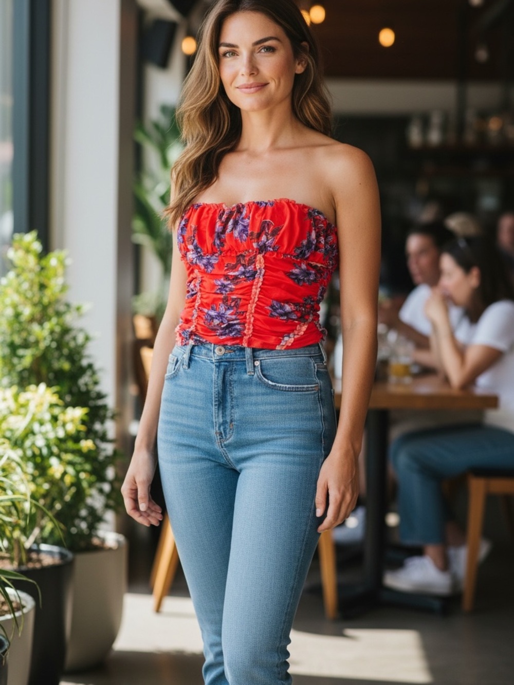 Free People Red Strapless Floral Top- Hot Combo Red Pattern Ruched in front- NEW
